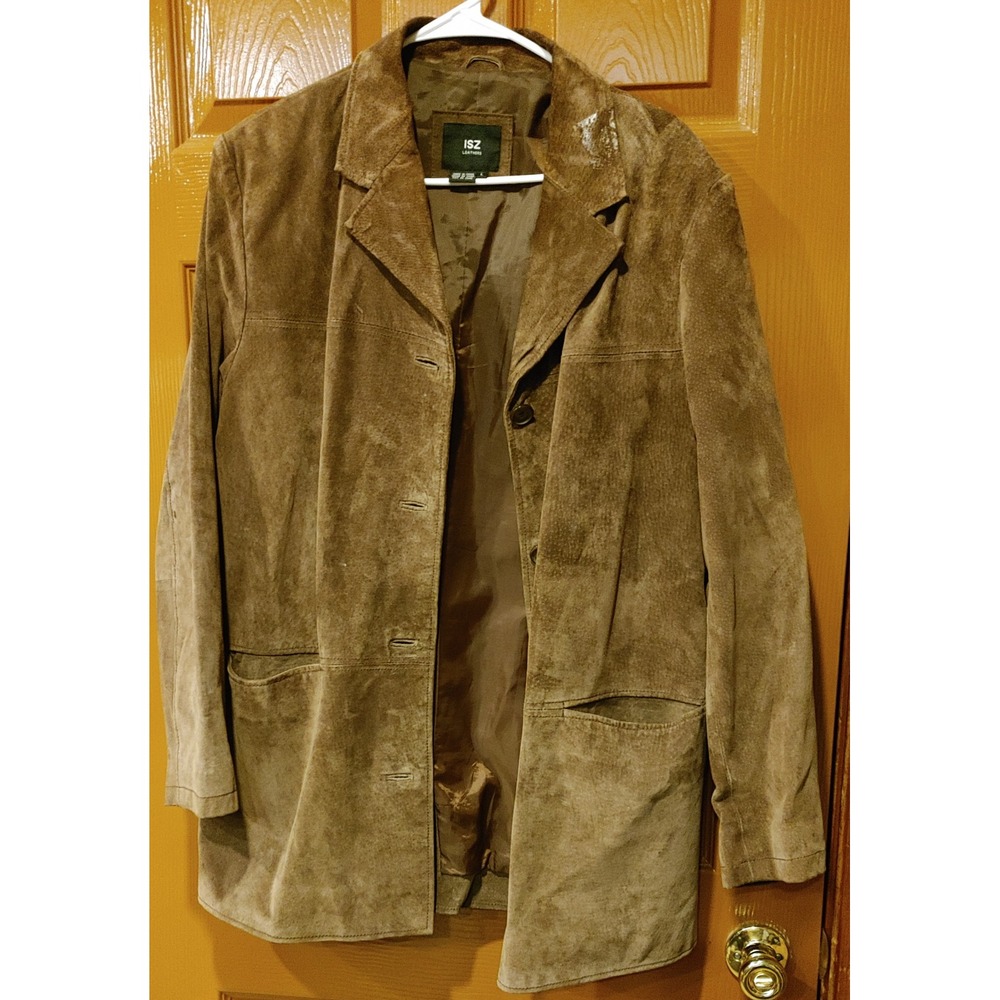 ISZ Leathers Suede Car Coat Mens Large Brown Button Front Collared Jacket